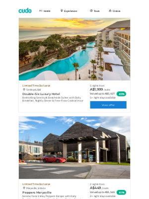Cudo (Australia) - Bali Bestseller: Double-Six Seminyak Beachside Suites w. Daily Breakfast, Dinner & Free-Flow Drinks | Yarra Valley Peppers Escape w. Daily Breakfast | Mornington Peninsula: Winery Lunch & Tasting