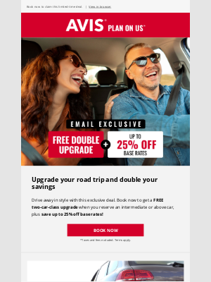 Avis Car Rental - EMAIL EXCLUSIVE: Free Double Upgrade + Save up to 25%