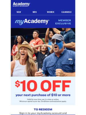 Academy Sports + Outdoors - Take $10 OFF Your Next Purchase!