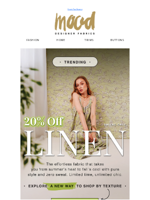 Mood Fabrics - 5 Hrs Left 🍃 20% Off Linen Ends Midnight