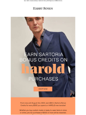 Harry Rosen - Earn Sartoria Bonus Credits on HAROLD Purchases!