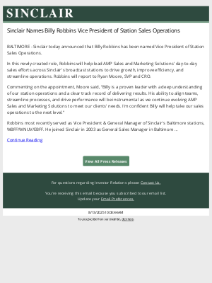 Sinclair Broadcast Group - Sinclair Names Billy Robbins Vice President of Station Sales Operations