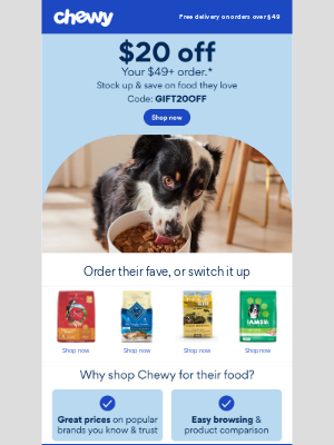 Chewy - Restock food for your pet with $20 off