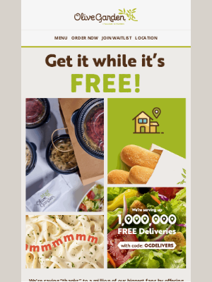 Olive Garden - No delivery fee. No brainer.