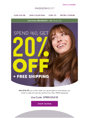 Madison Reed - LIMITED TIME ONLY: Get 20% off when you spend $60