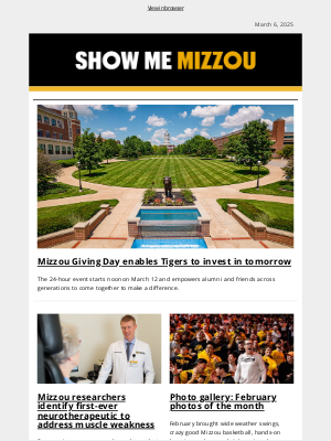 Missouri University - Mizzou Giving Day; medicine for age-related muscle decline; and more