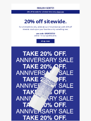 Malin+Goetz - 20% off sitewide.