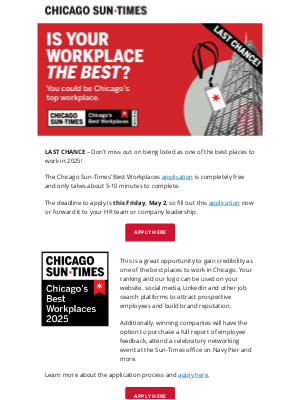Chicago Sun-Times - Last chance to be one of Chicago’s Best Workplaces 2025!