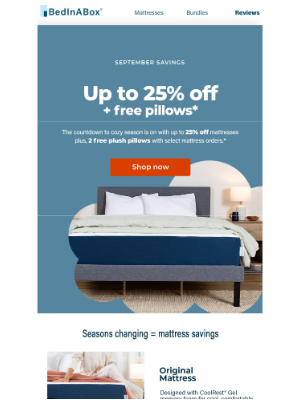 BedInABox - Up to 25% off mattresses + FREE pillows.