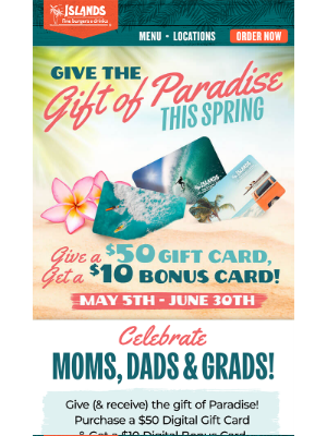 Islands Restaurants - $10 for every $50 Gift Card purchased!