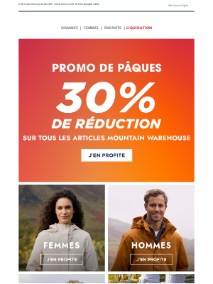 Mountain Warehouse (France) - Les économies de Pâques sont arrivées — 30 % de rabais 🐣