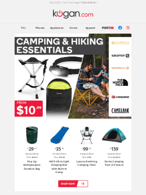 Kogan (AU) - Need a Winter Getaway? Essential Camping & Hiking Gear from $10.99