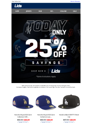 LIDS - TODAY ONLY! 25% Off Savings