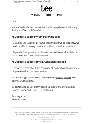 Lee Jeans - Updated Privacy Policy and Terms & Conditions