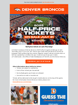 Denver Broncos - OJ: Half-price tickets on sale Thursday!