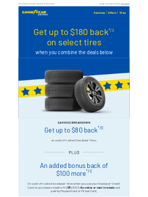 Goodyear Auto Service - Valued Customer, get up to $180 back on tires for Memorial Day