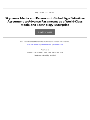 Viacom - Skydance Media and Paramount Global Sign Definitive Agreement to Advance Paramount as a World-Class Media and Technology Enterprise