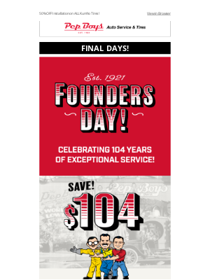 Pep Boys - Final Days to Save $104 on $600+ Service!💸