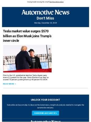 Automotive News - Tesla market value surges $570 billion as Elon Musk joins Trump’s inner circle