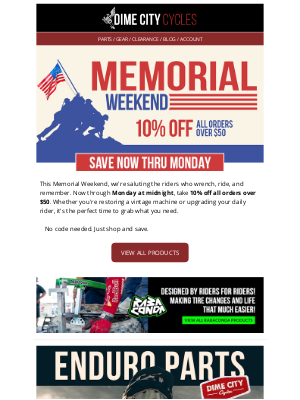 Dime City Cycles - 🗽 Memorial Weekend Sale - 10% Off Orders Over $50!