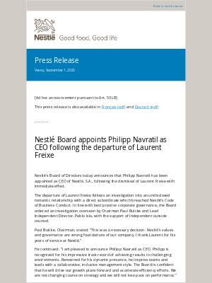 Nestle - Nestlé Board appoints Philipp Navratil as CEO following the departure of Laurent Freixe