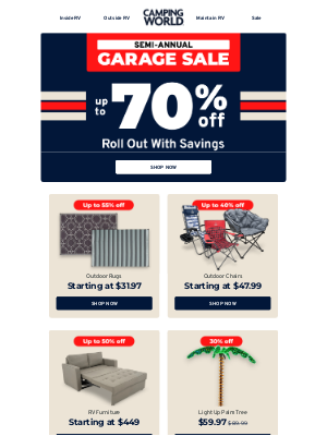 Camping World - Up to 70% off – the garage sale starts now!