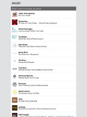 Milled - Trending this week: Celtic Knot Jewelry, Showtime, Delta Beverages, Ted Baker and Red Velvet