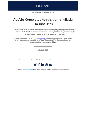 AbbVie - AbbVie Press Release: AbbVie Completes Acquisition of Aliada Therapeutics