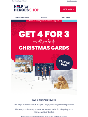 Help For Heroes - Christmas is coming! Get 4 for 3 on Christmas Cards! 🌲