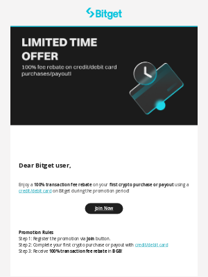 Bitget - Limited Time Offer — 100% fee rebate on credit/debit card purchases/payout!