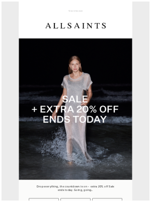 ALLSAINTS (United Kingdom) - Ends Today: Extra 20% Off Sale