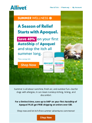 Allivet - Summer Itch? Save up to $40 on Apoquel Relief