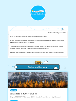 Jack's Flight Club (Canada) - New: *non-stop* 🚵‍♀️ Canada in $20s-$170s RT