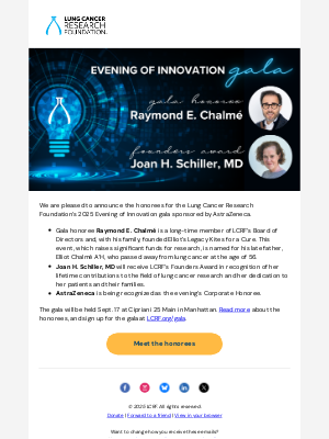 Lung Cancer Research Foundation - Chalmé, Schiller to be recognized at gala