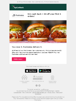 TopCashback - Postmates: $11 cash back + $5 off your first 5 orders!
