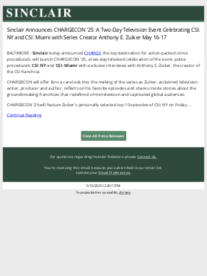 Sinclair Broadcast Group - Sinclair Announces CHARGECON '25: A Two-Day Television Event Celebrating CSI: NY and CSI: Miami with Series Creator Anthony E. Zuiker May 16-17
