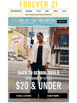 Forever 21 - Back to School Deals: $20 & Under