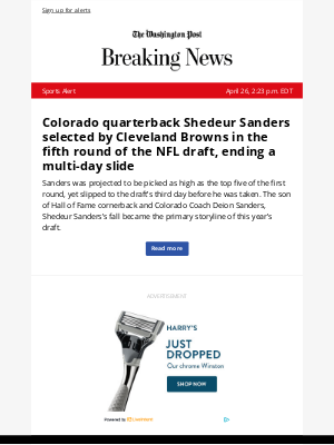 Washington Post - Sports Alert: Colorado quarterback Shedeur Sanders selected by Cleveland Browns in the fifth round of the NFL draft, ending a multi-day slide