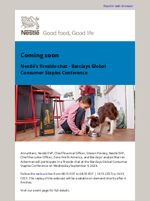 Coming soon: Nestlé's fireside chat - Barclays Global Consumer Staples Conference