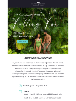 Couples Resorts - Get Your 5th Night Free + Up to $200 Resort Credit