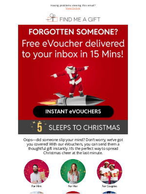 Find Me A Gift (United Kingdom) - Forgot Someone? Instant eVoucher to the Rescue!