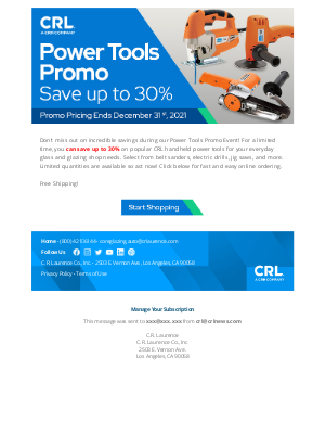 C.R. Laurence Co. - Get Incredible Savings During the CRL Power Tools Promo Event