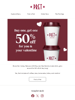 Pret A Manger - Buy One Barista Made Drink, Get One 50% off!