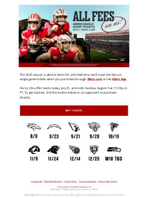 San Francisco 49ers - All Fees on Us: Save on 49ers Single Game Tickets