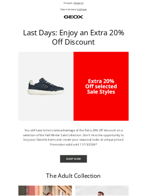 Geox - Last Chance for Your Exclusive Extra 20% Off Discount!