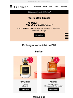 Sephora (France) - ️Votre offre fidélité 💌 -25% dès 69€ d'achats