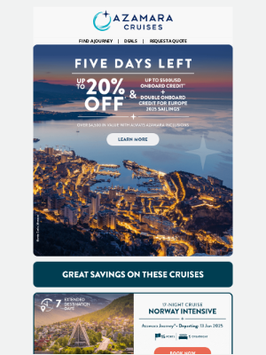 Azamara Club Cruises - 5 Days Left! 20% Off Cruise Fare