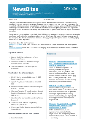 SANS Institute - SANS NewsBites Vol. 27 Num. 34 : Kinetsu World Express Recovering From Ransomware; Ascension Healthcare Data Stolen From Third Party; New OpenEoX Framework Defines Product Lifecycles; SANS RSAC 2025 Keynote