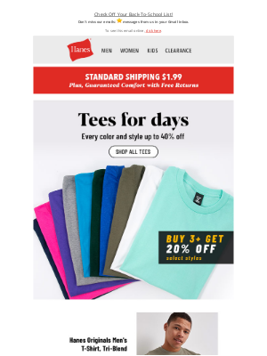 Hanes - Up to 40% Off Tees & Polos + $1.99 Shipping