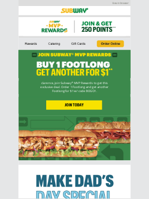 Subway - Count it: Buy a Footlong. Get another for $1✌️Code BOGO1